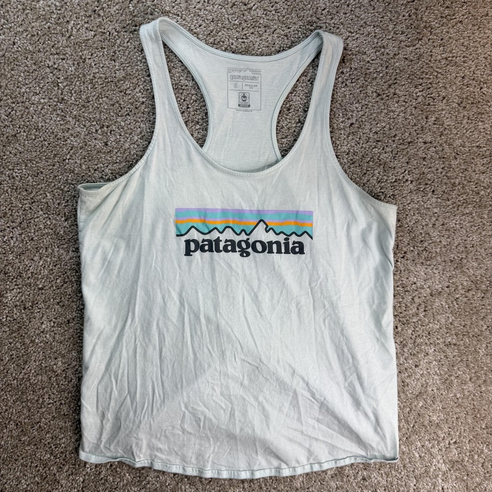 Patagonia Tank Top Womens S Light Green Logo Racerback 100% Organic Cotton